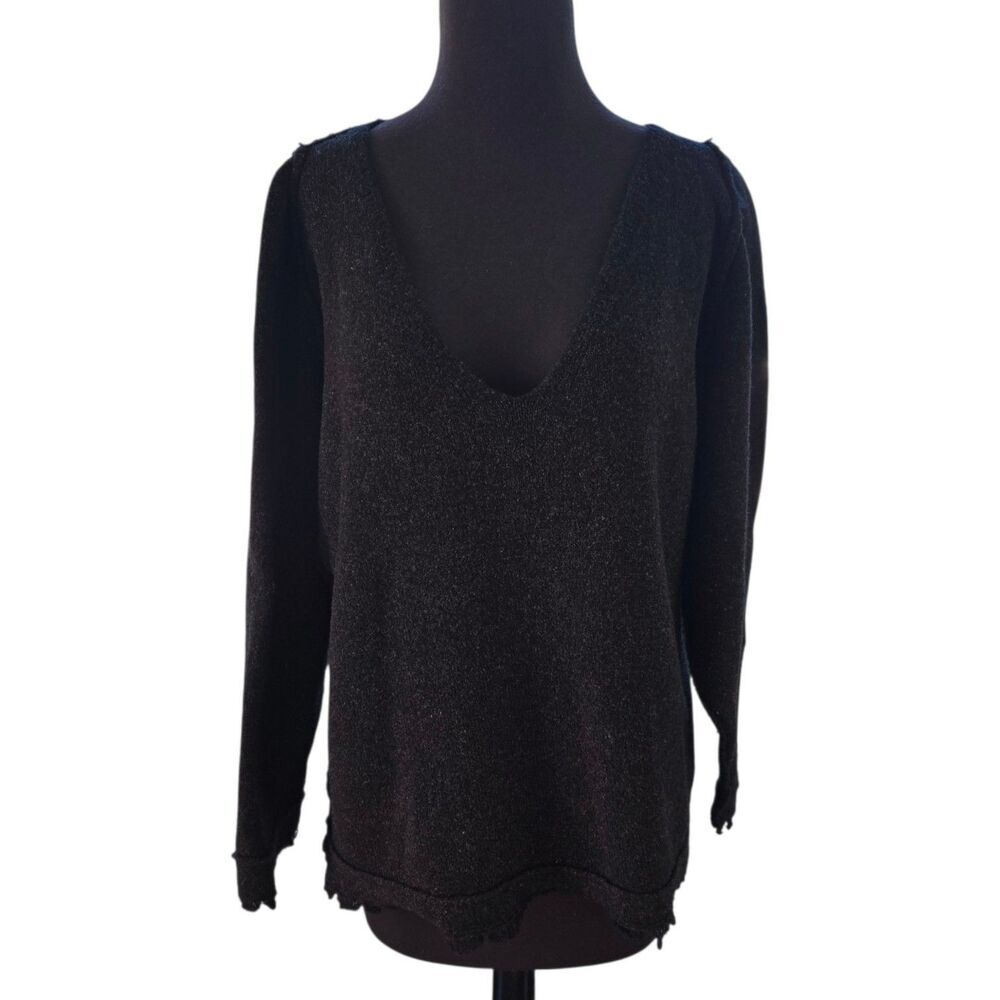 Free People Wool Linen Fringed V Neck Sweater Brown Oversized Knit Size XS